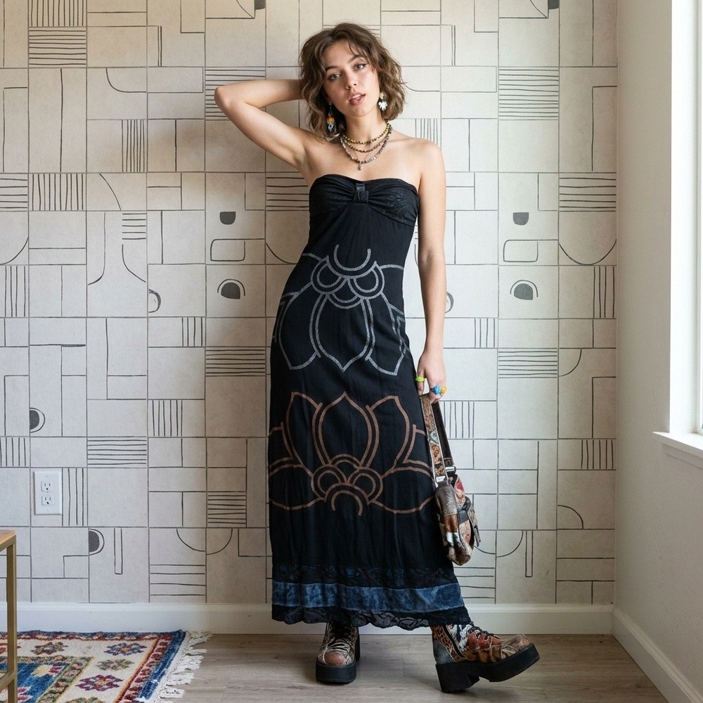 Custo Barcelona Womens Dress S Black Graphic Print Strapless Maxi Euro Y2K